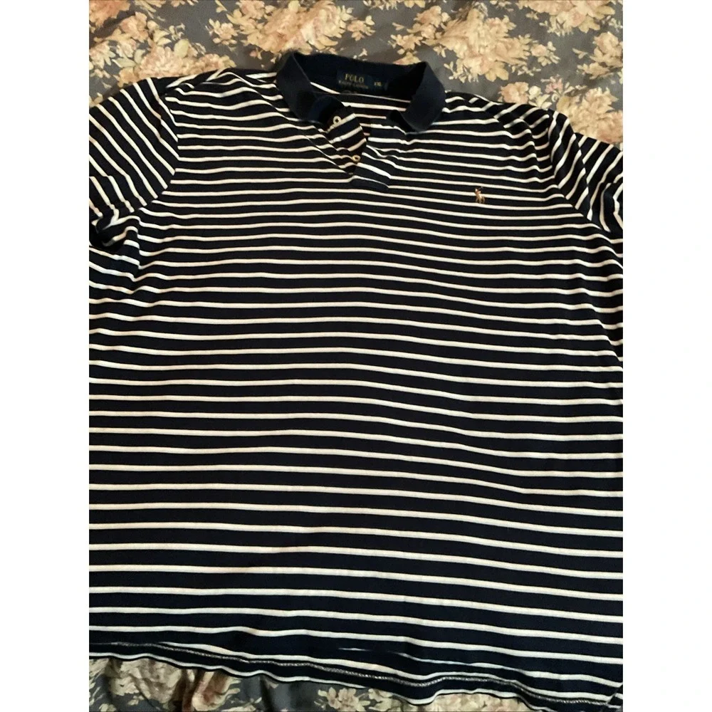 Polo Ralph Lauren Men's XXL White Blue Stripe Pima Cotton Shirt Embroidered Logo